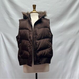 GAP Brown Puffer Vest with Faux Fur Hood